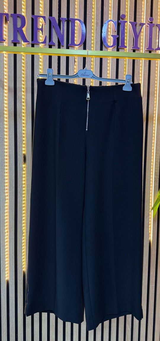 PUANE DÖKÜMLÜ KREP PANTOLON SİYAH P21