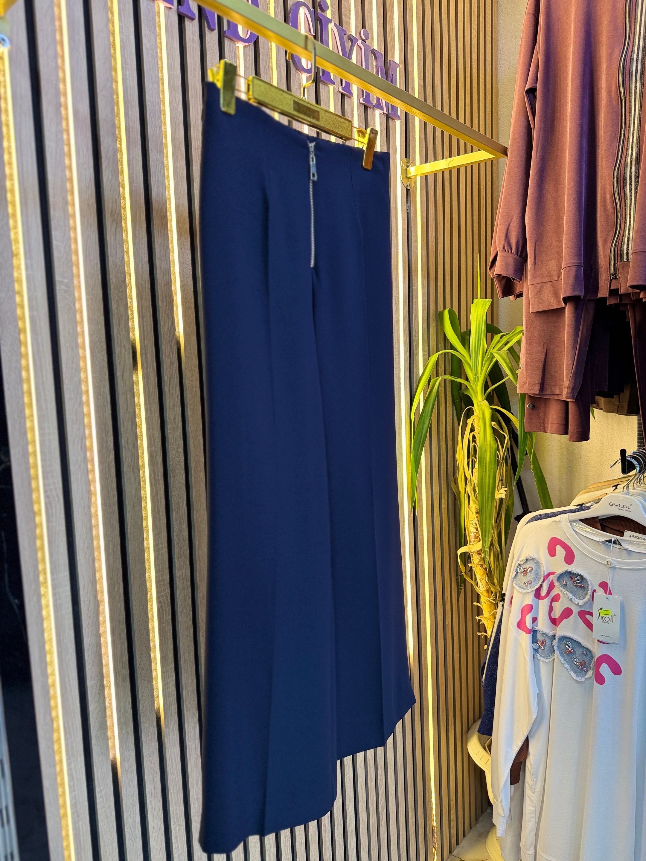 PUANE DÖKÜMLÜ KREP PANTOLON LACİVERT P22