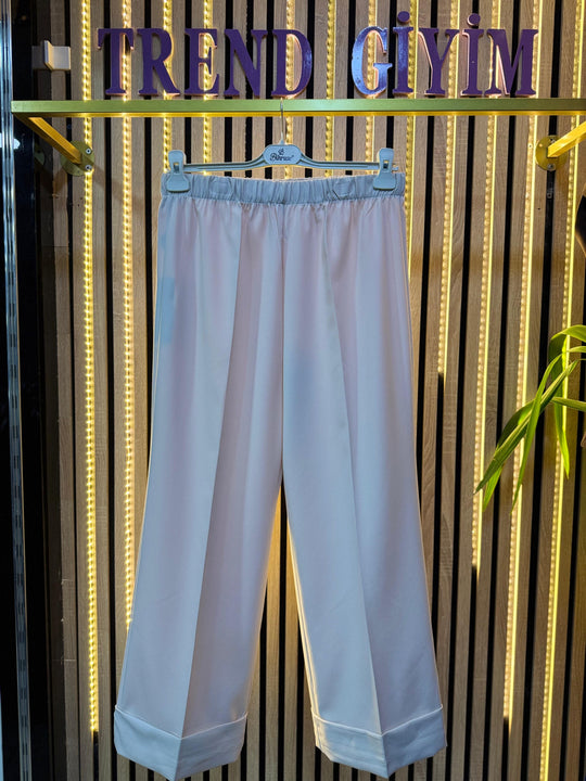 BİHRUZE BOL PAÇA MANŞETLİ KREM PANTOLON BEYAZ