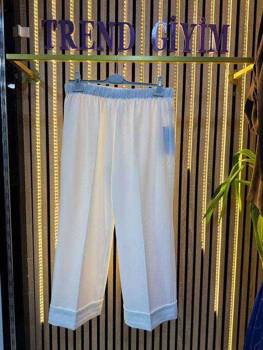 BİHRUZE BOL PAÇA MANŞETLİ KREM PANTOLON TAŞ RENGİ