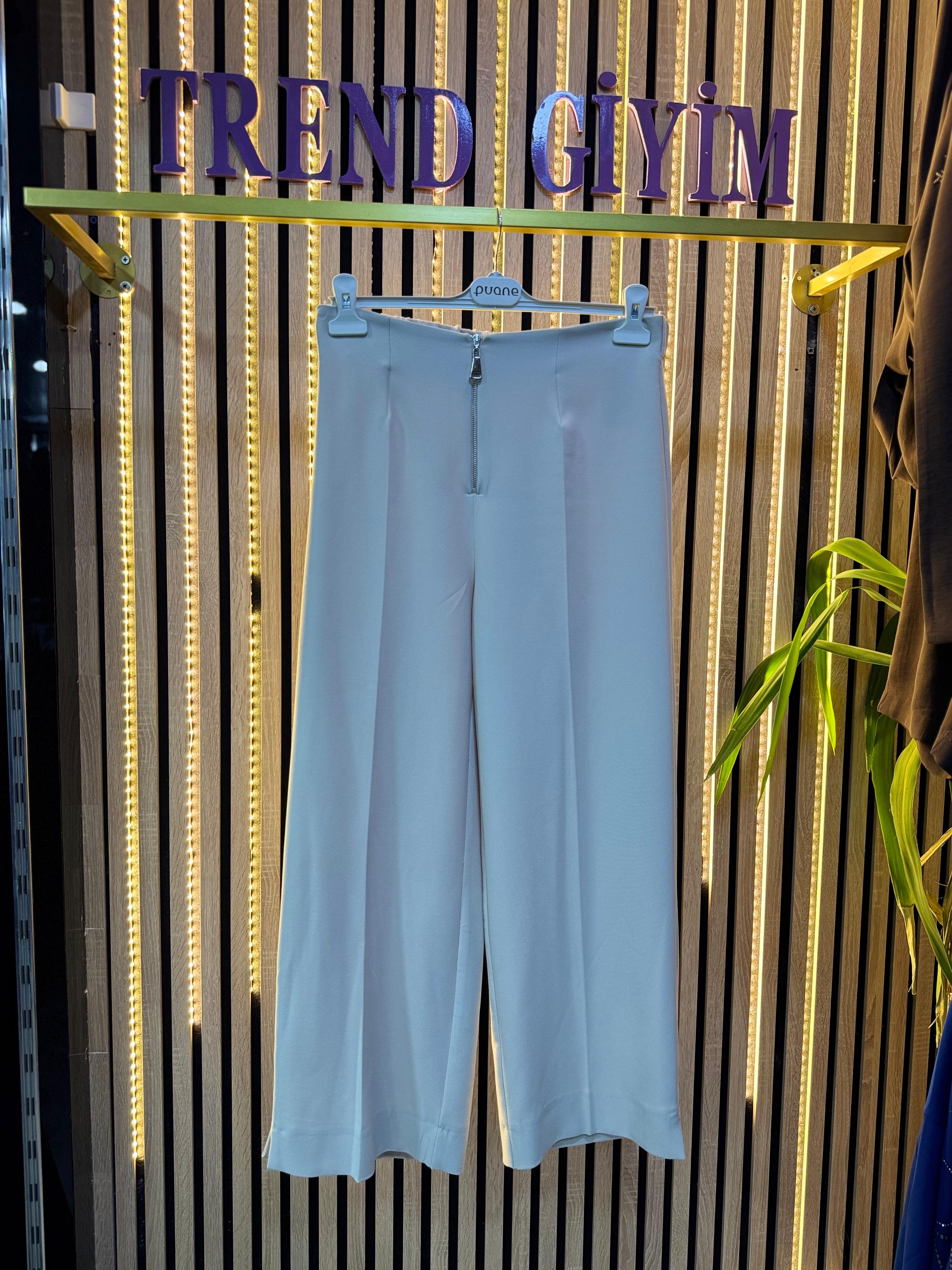 PUANE DÖKÜMLÜ KREP PANTOLON TAŞ RENGİ P23