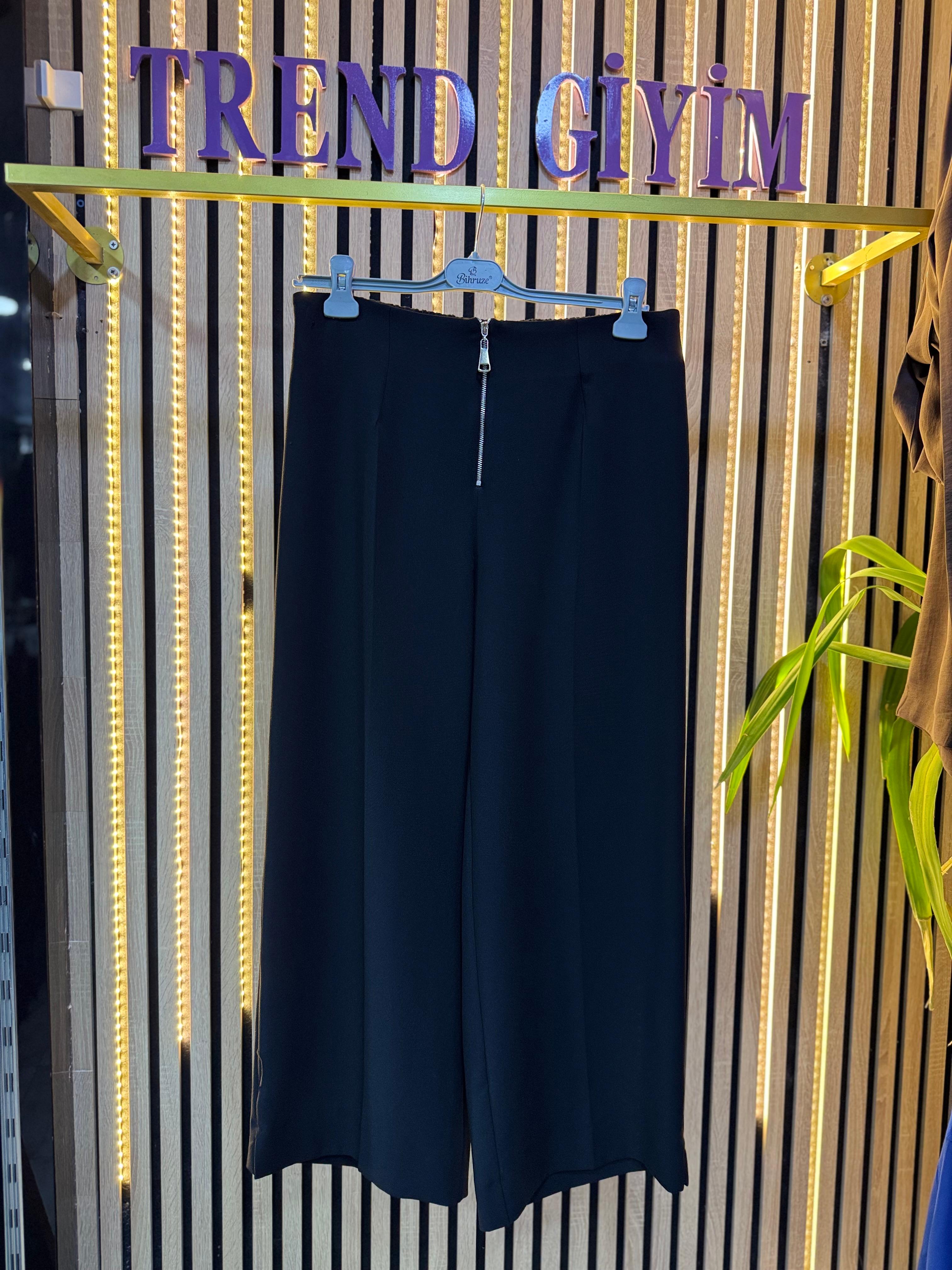 PUANE DÖKÜMLÜ KREP PANTOLON SİYAH P21