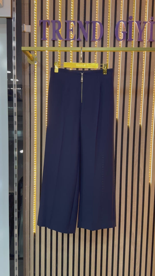 PUANE DÖKÜMLÜ KREP PANTOLON LACİVERT P22